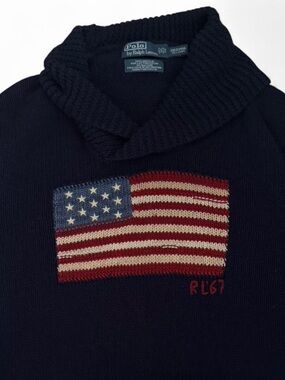 Vintage 90s Polo Ralph Lauren American flag linen/cotton sweater size 2XL tall